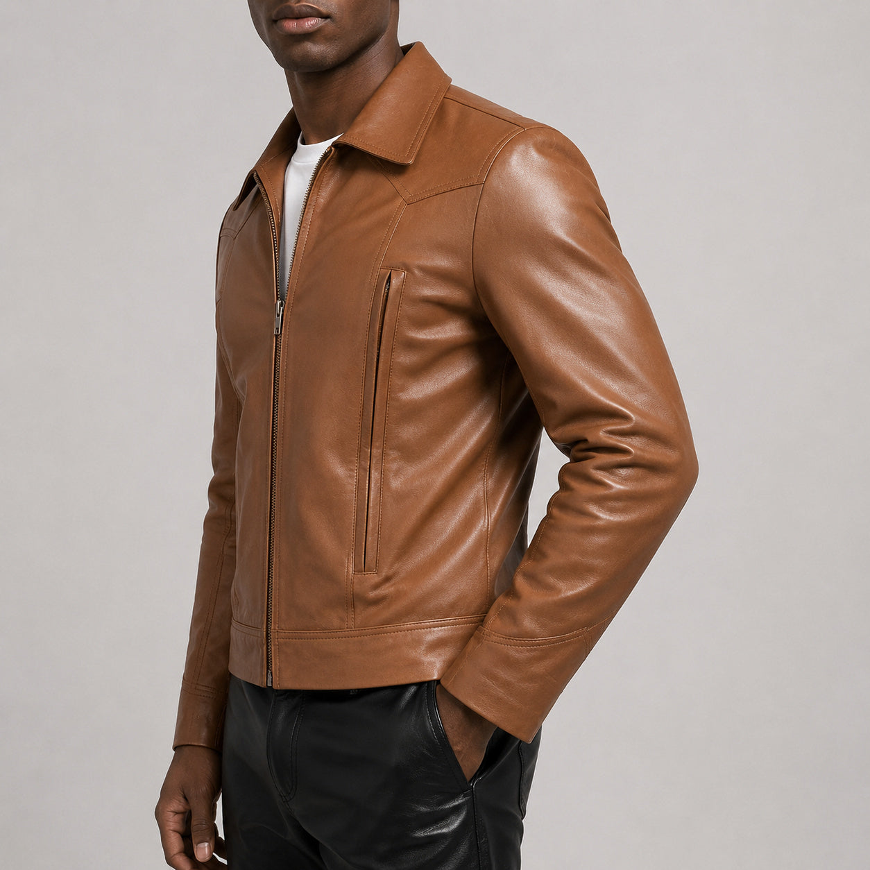 Camel brown leather jacket SLJ-300 side view size 2XS