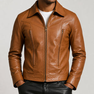 Camel brown leather jacket SLJ-300 collar and chest zipper detail size 2XS
