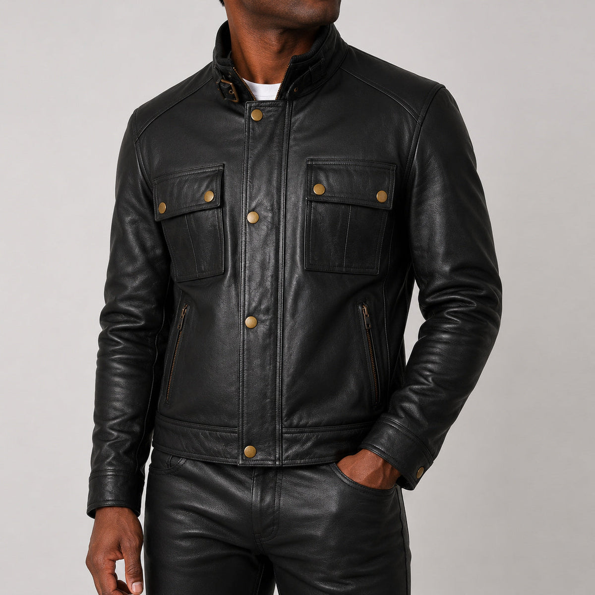 black stand collar leather jacket