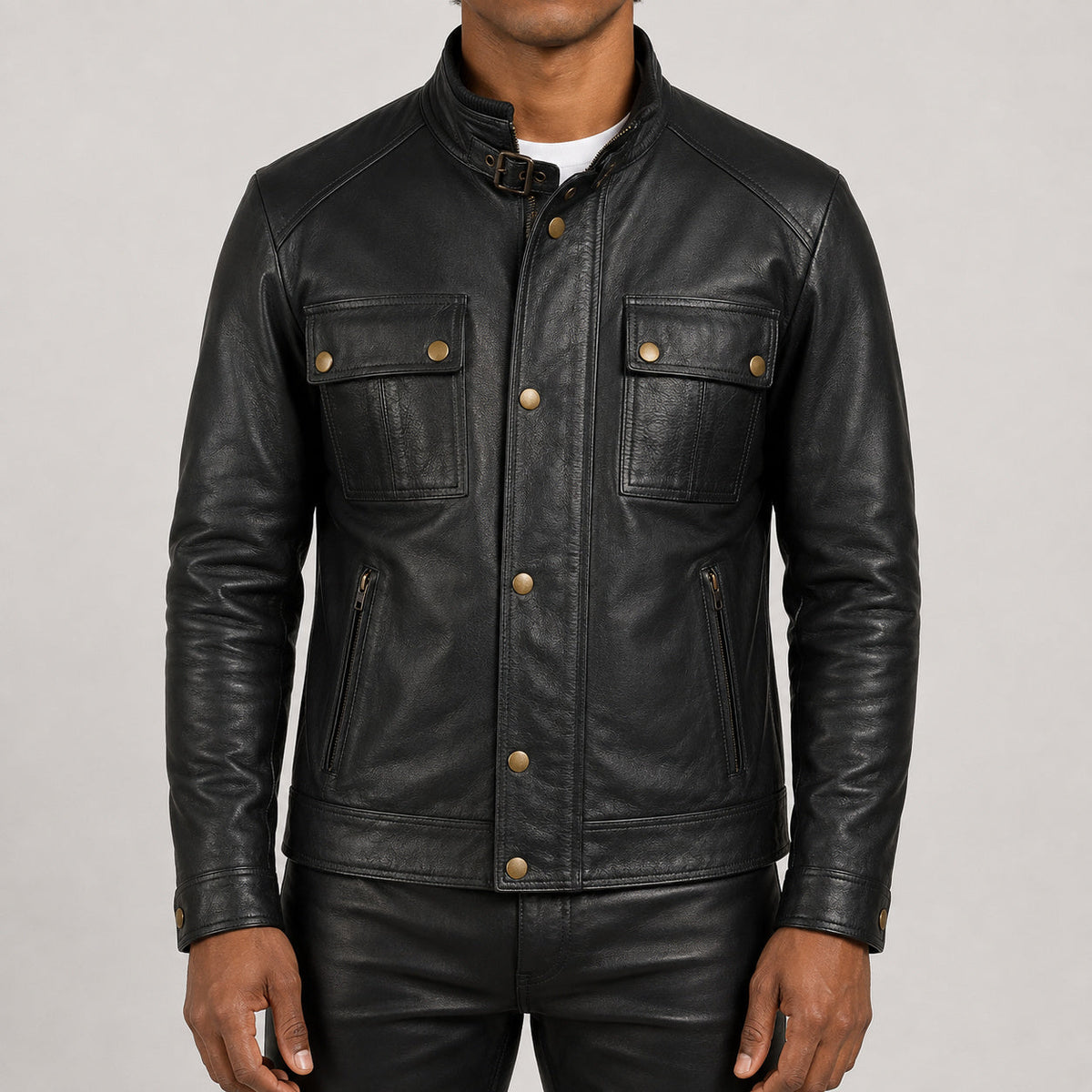 black stand collar leather jacket SLJ-421 2XS