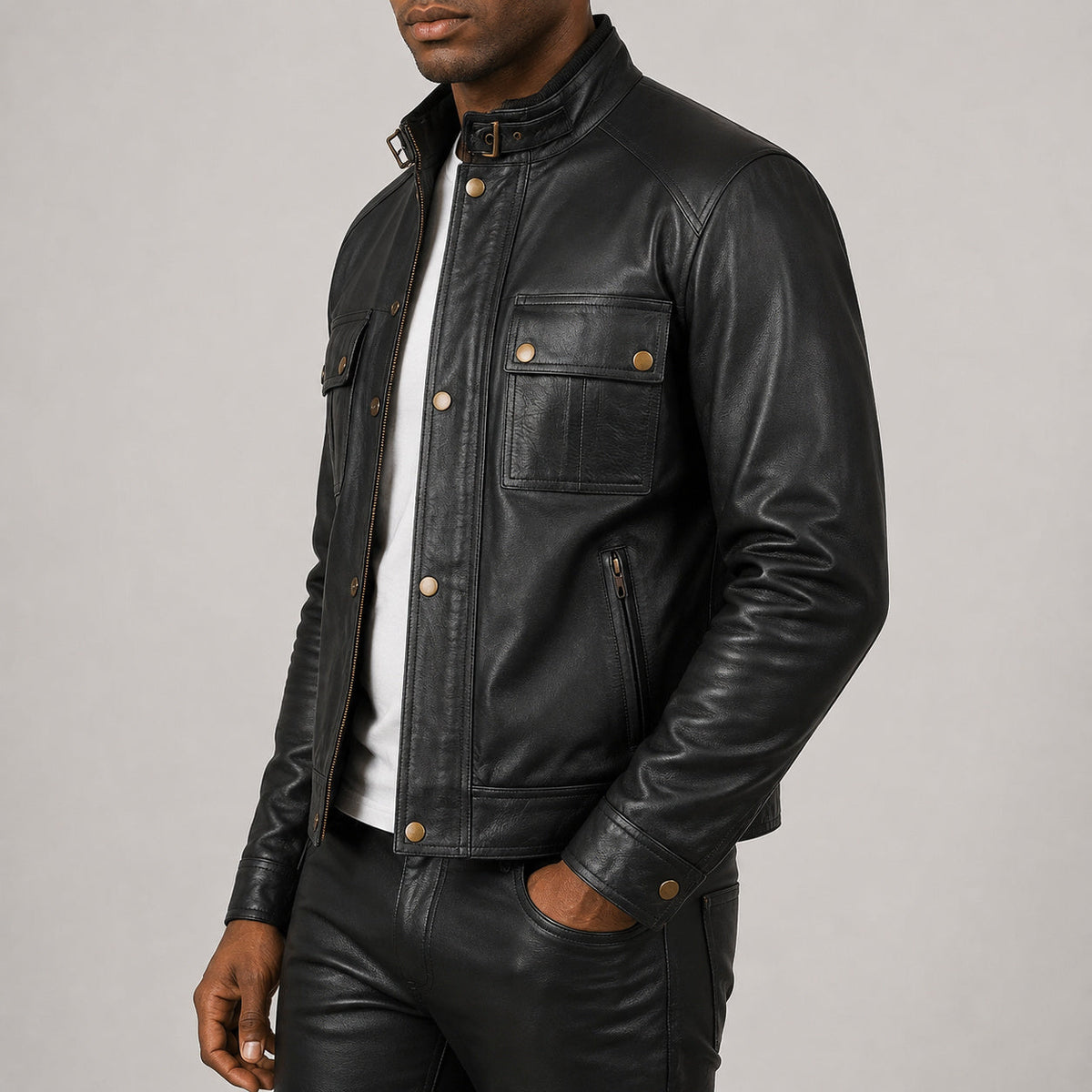 black stand collar leather jacket SLJ-421 2XS