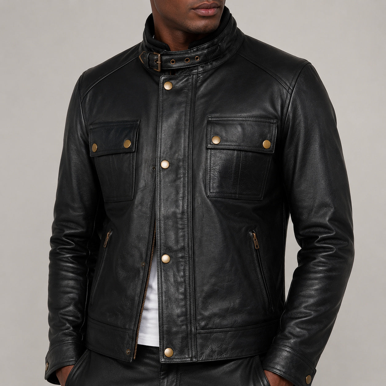 black stand collar leather jacket SLJ-421 2XS