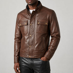 brown stand collar leather jacket