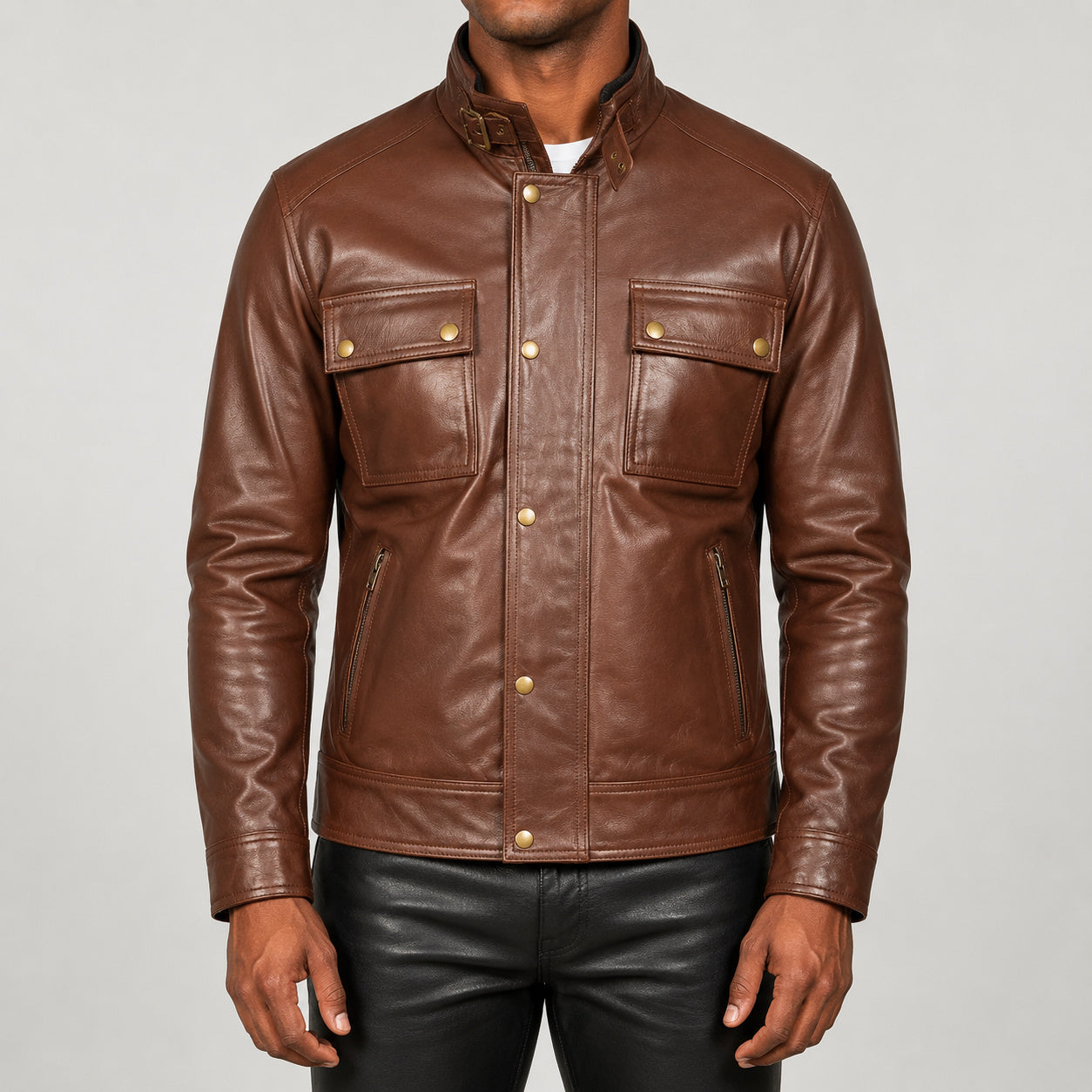 brown stand collar leather jacket SLJ-422 2XS