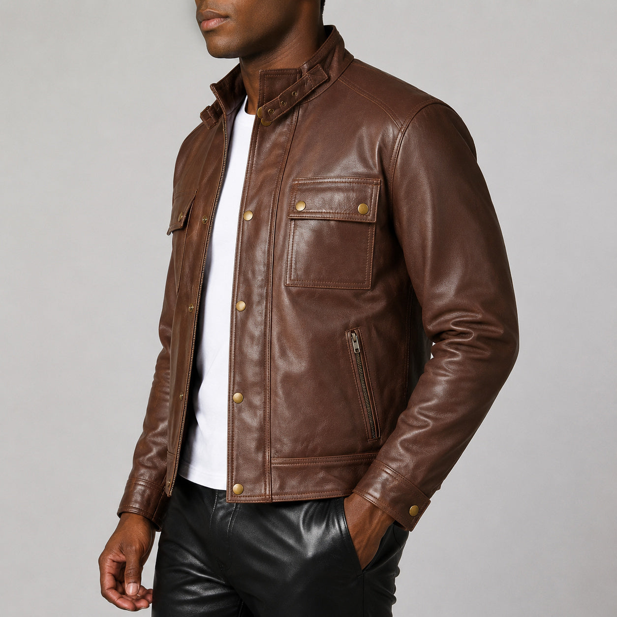 brown stand collar leather jacket SLJ-422 2XS