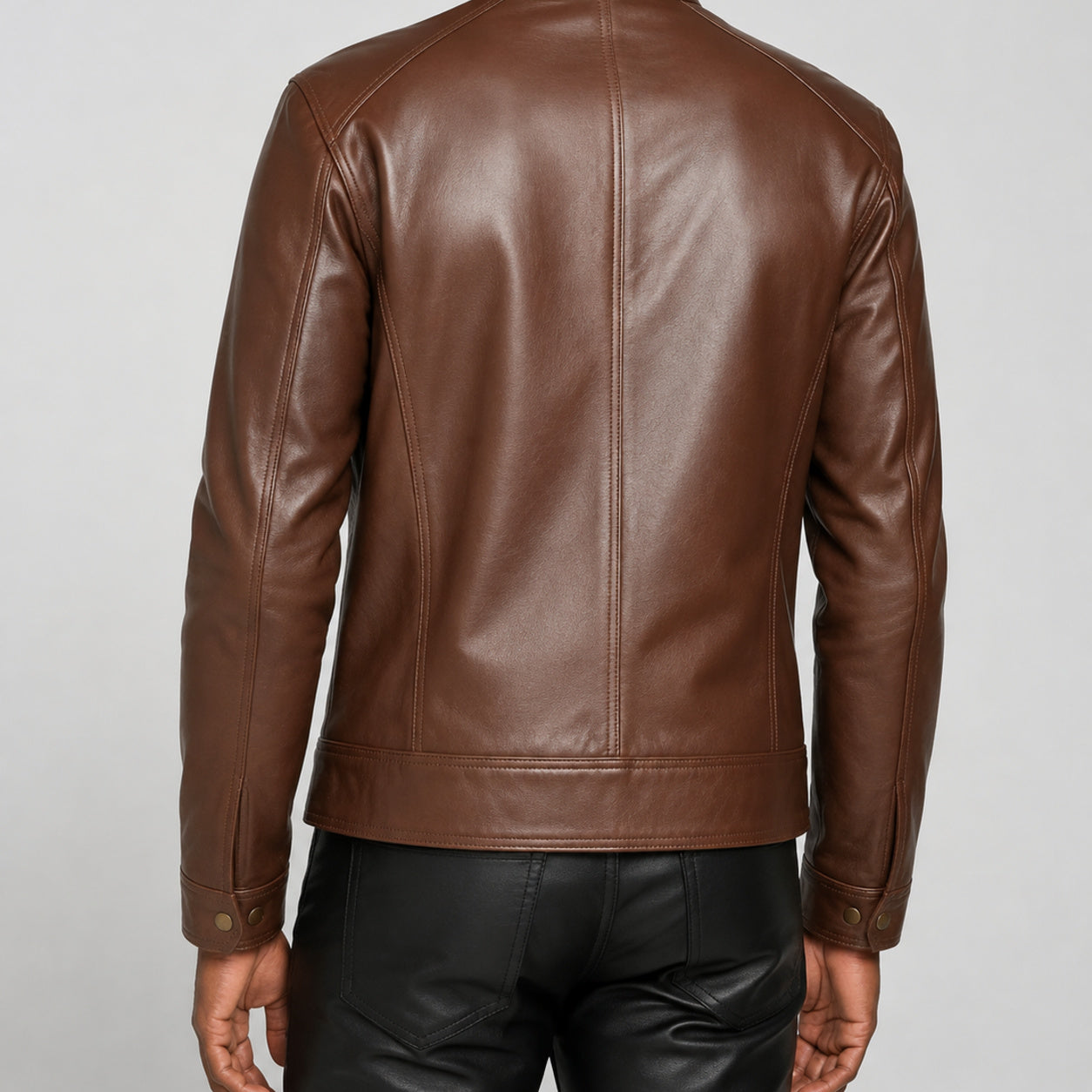 brown stand collar leather jacket SLJ-422 2XS