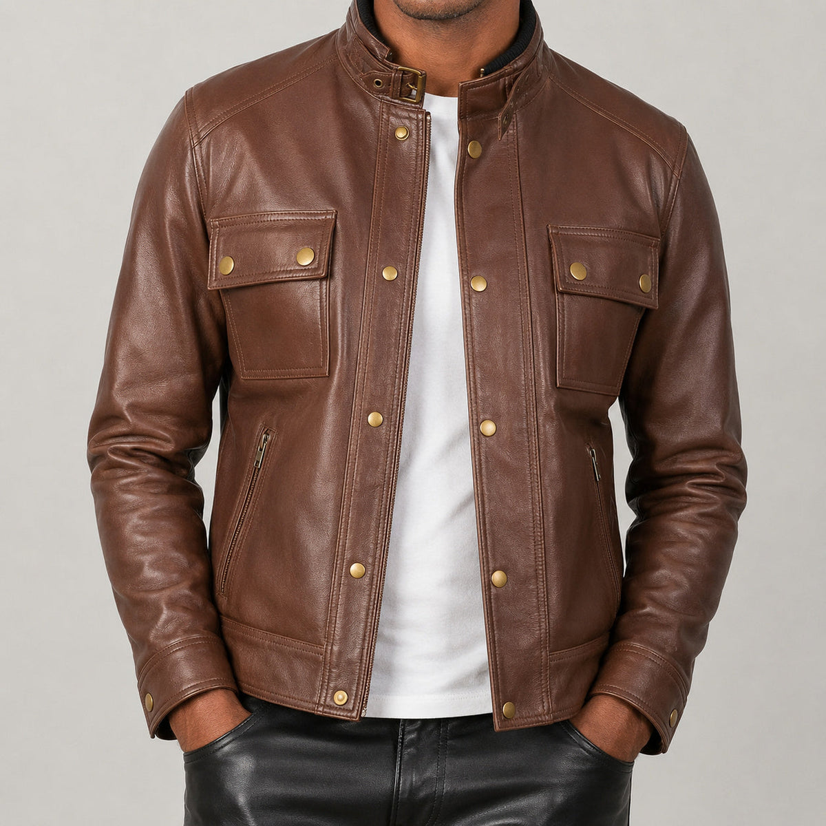 brown stand collar leather jacket SLJ-422 2XS