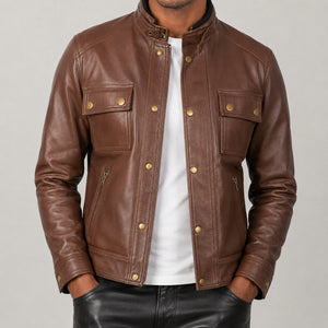brown stand collar leather jacket SLJ-422 2XS