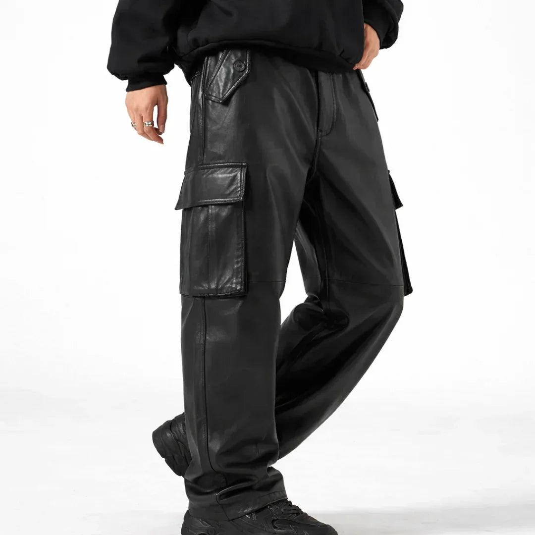 Men Black Genuine Lambskin Leather Cargo Pants – Relaxed Fit