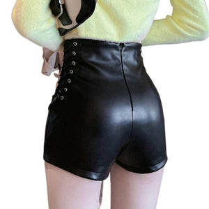 Women Leather Shorts With Unique Side Lace Design - TheBougees