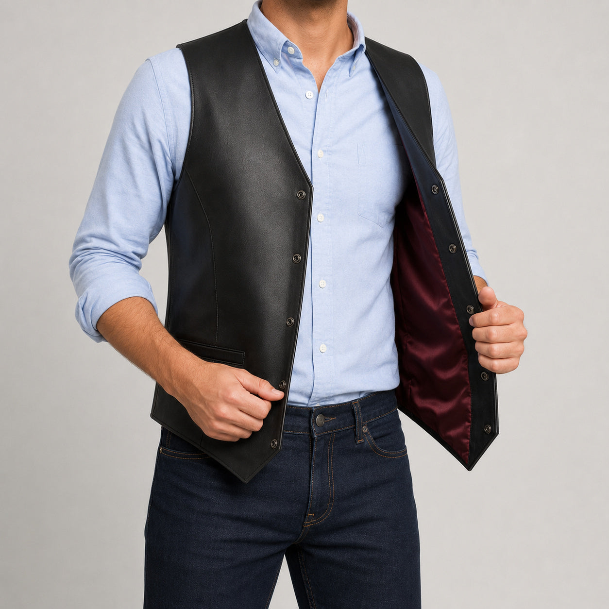 black sheep leather waistcoat MLV 3001 3XS burgundy lining view