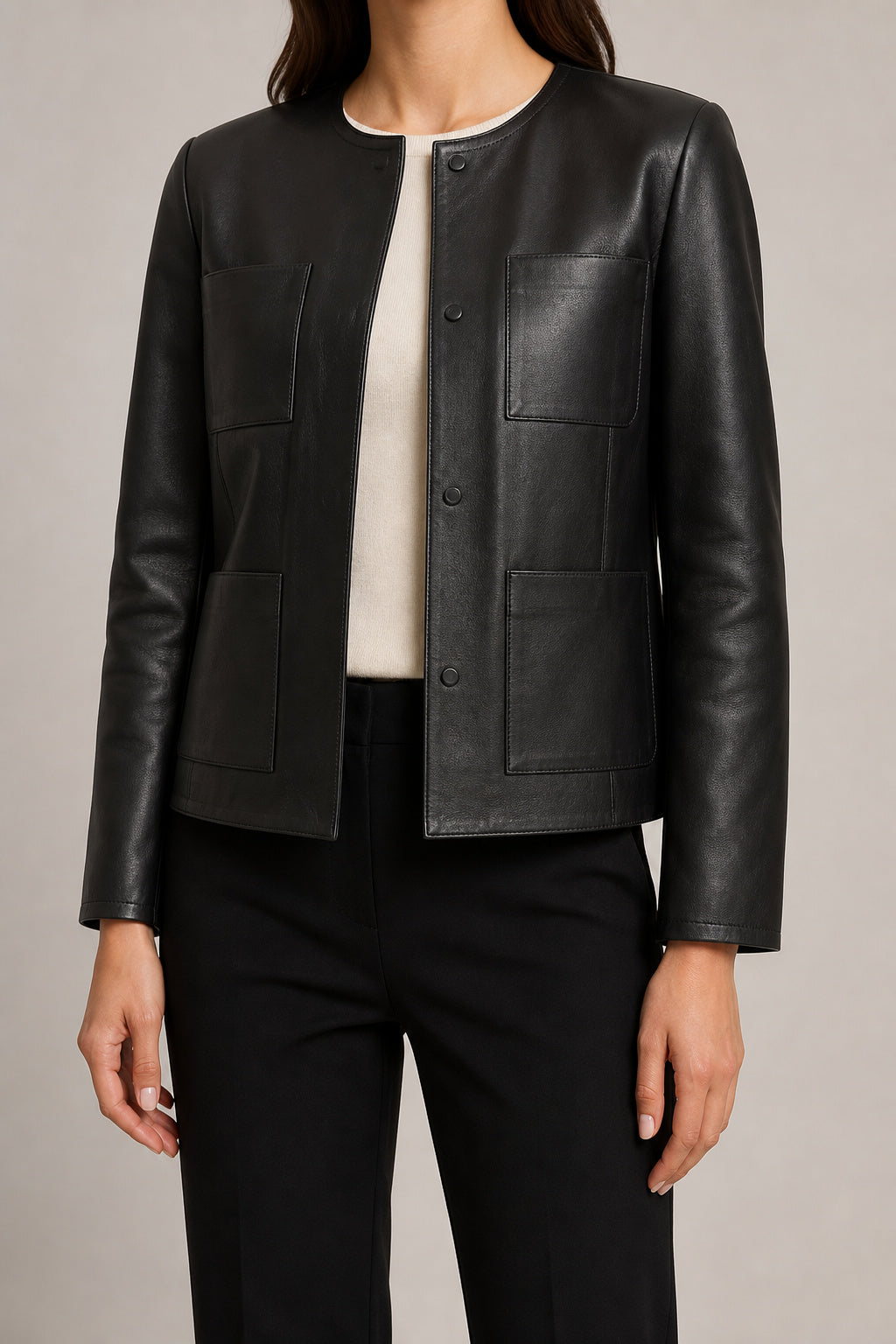 Collarless Leather Jacket