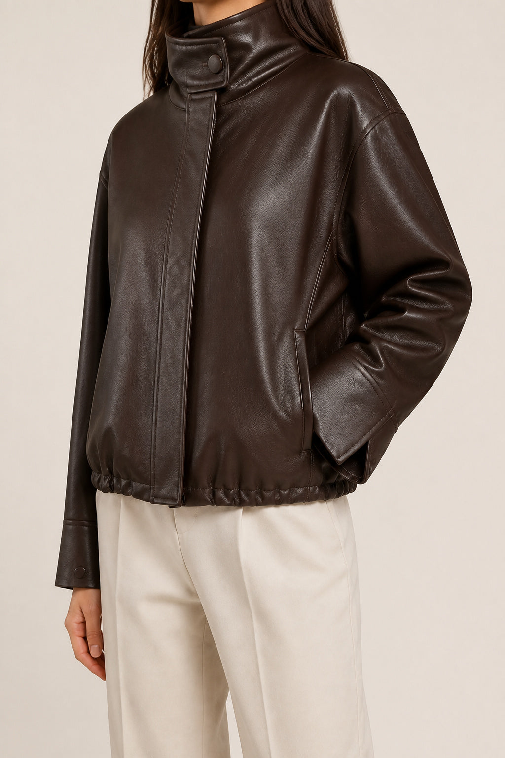 Funnel Neck Leather Jacket WLJ 810038 3XS