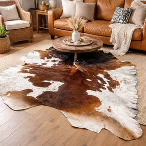 Brown and white cowhide leather rug in a modern living room with a coffee table