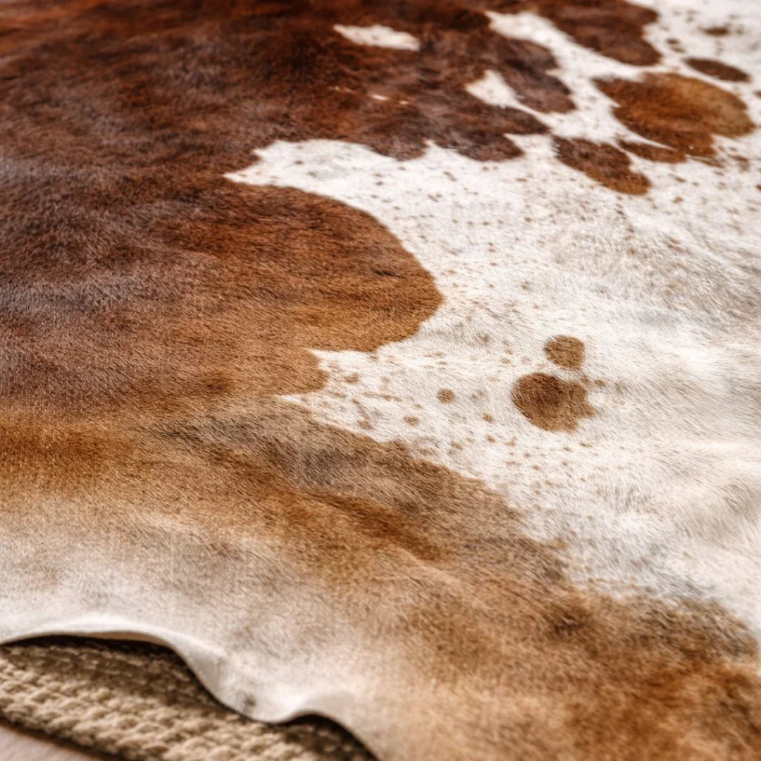 Close-up of brown and white cowhide leather rug with natural fur texture