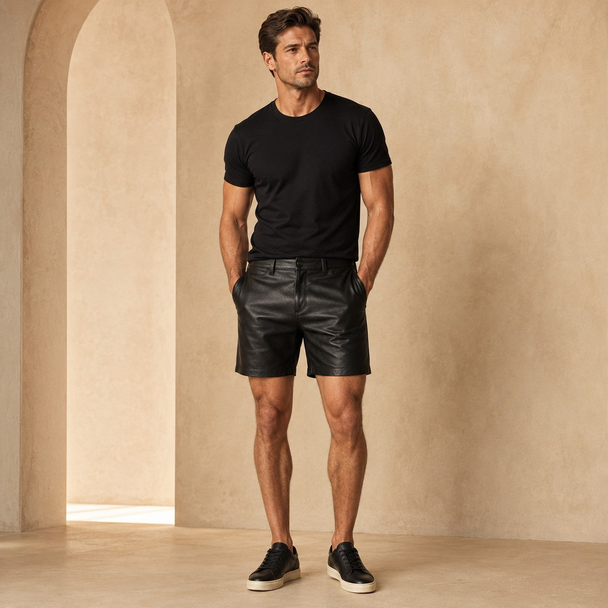 The Bougees men's black leather shorts featured category