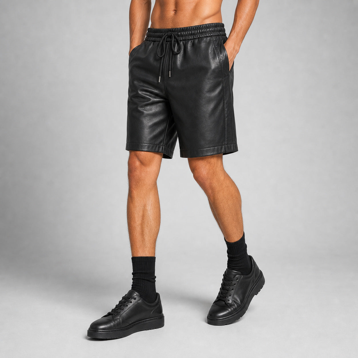 men's black leather athletic shorts MLS 810037 28