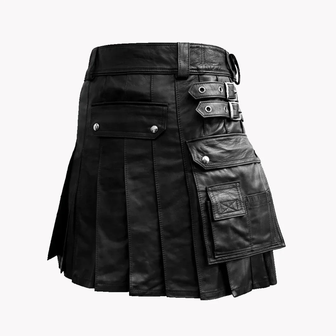 Men's black leather kilt with utility pockets and buckles, TheBougees genuine leather apparel