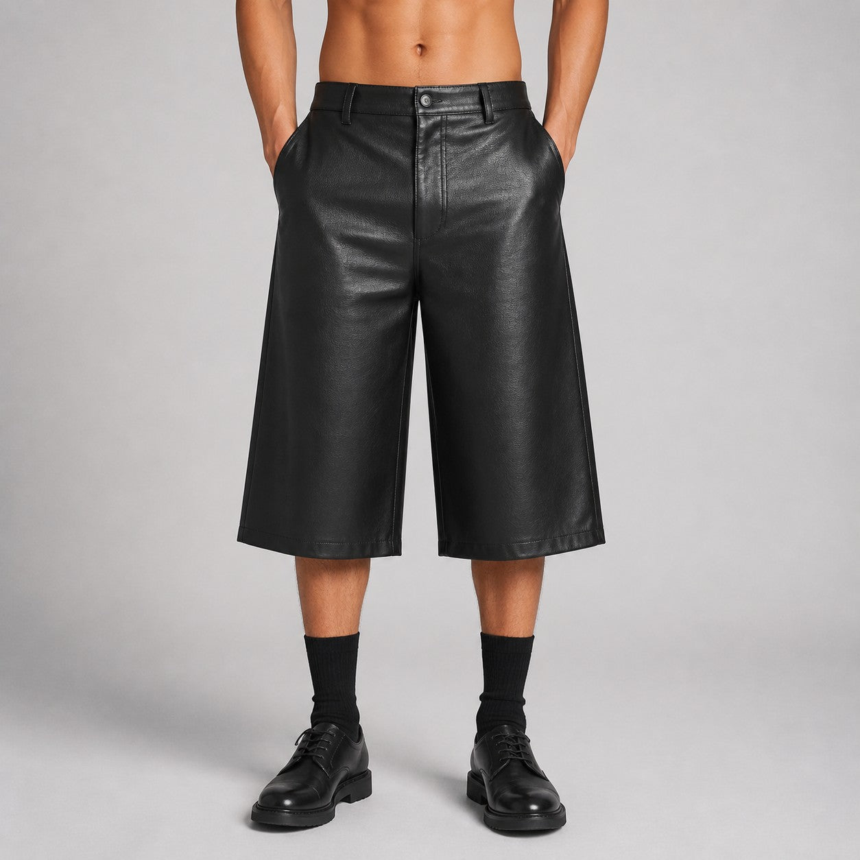 men's black leather wide leg shorts