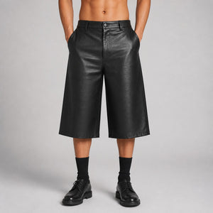 men's black leather wide leg shorts