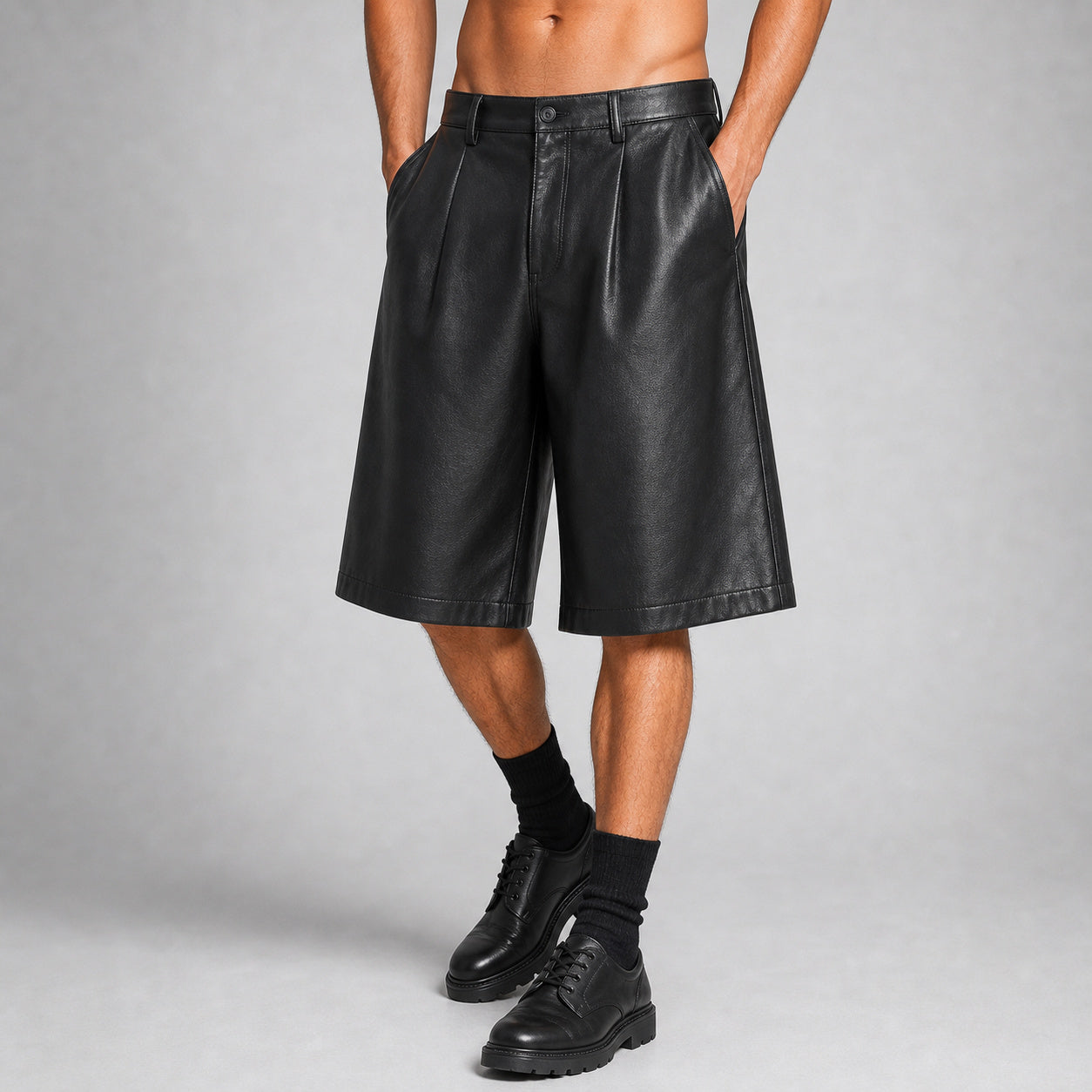 men's black leather wide leg shorts MLS 810040 28