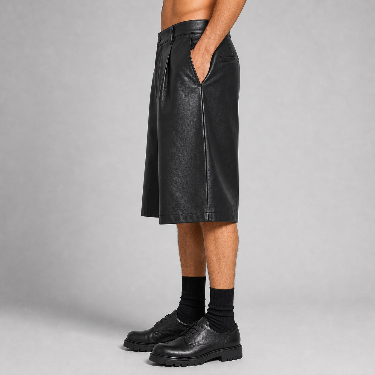 men's black leather wide leg shorts MLS 810040 28