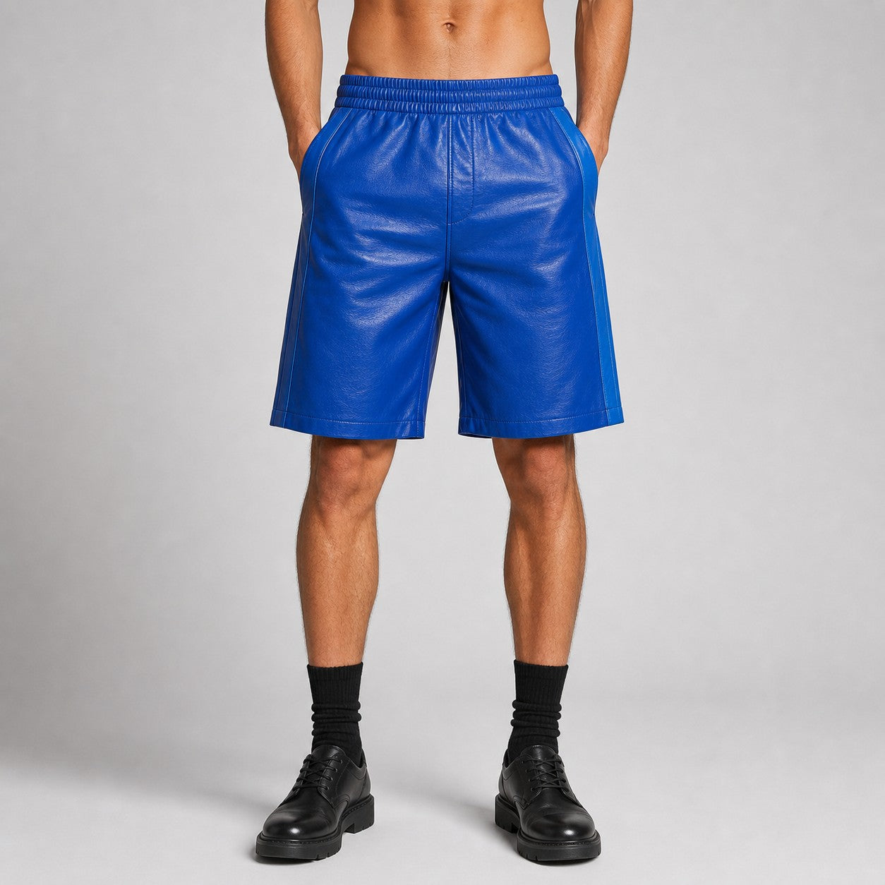 men's blue leather track shorts