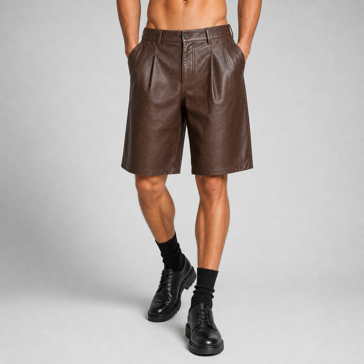 men's brown leather pleated shorts MLS 810036 28