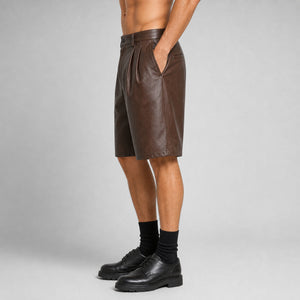 men's brown leather pleated shorts MLS 810036 28