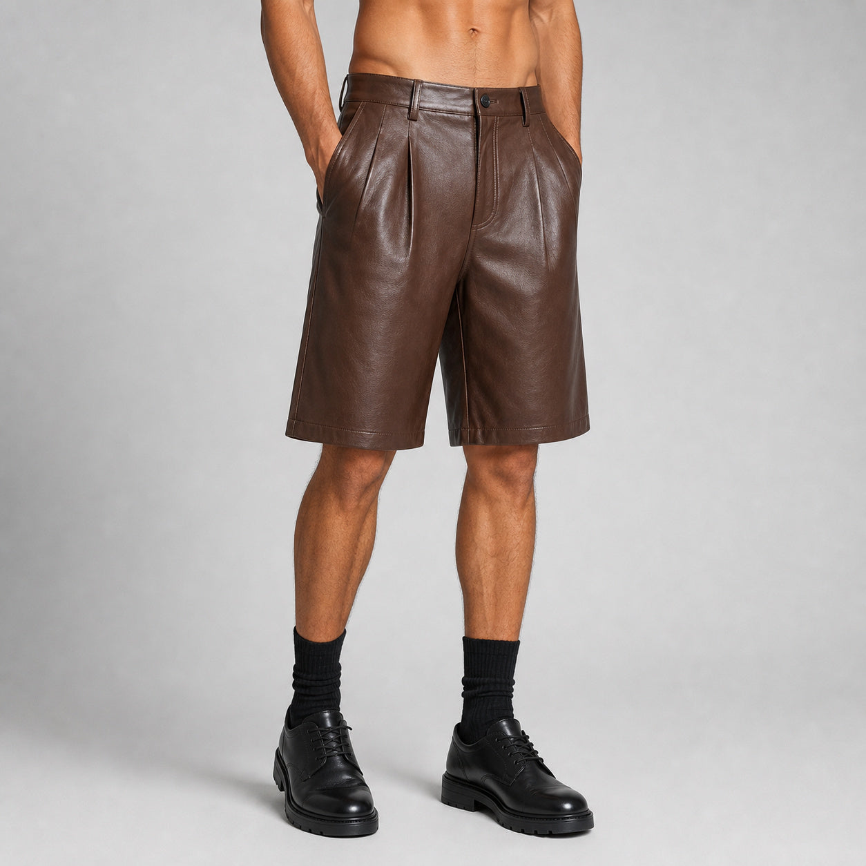 men's brown leather pleated shorts MLS 810036 28