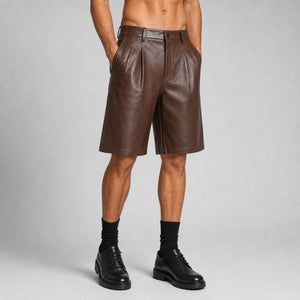 men's brown leather pleated shorts MLS 810036 28