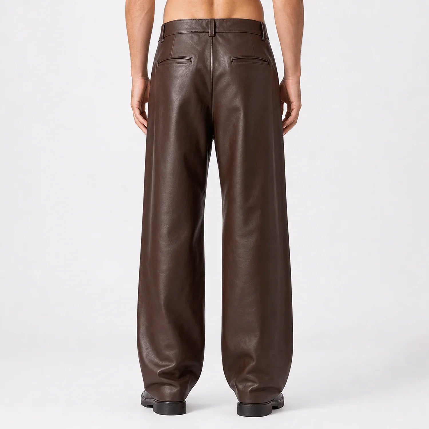 mens chocolate brown leather wide leg pants MP 98015 28 28