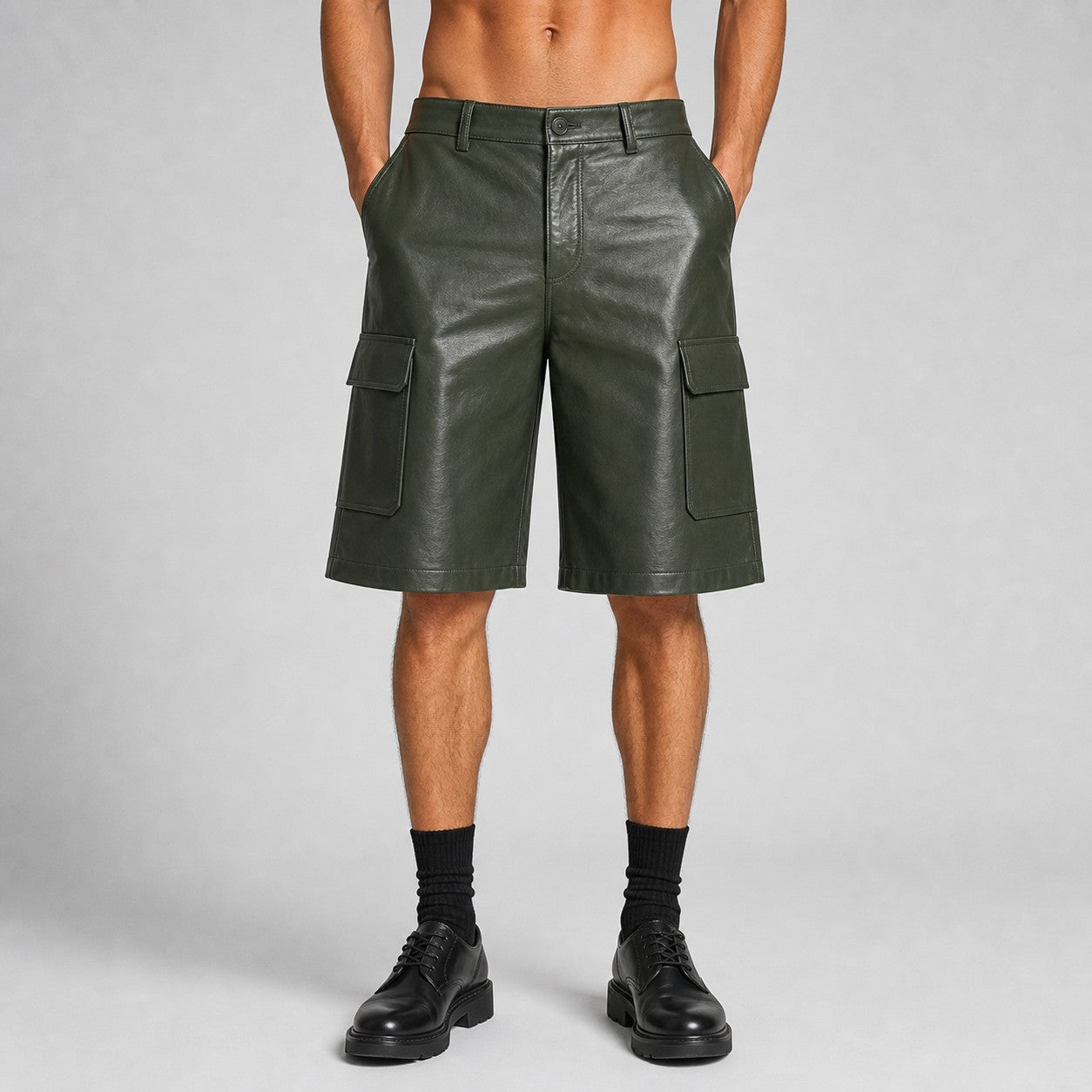 men's green leather safari shorts
