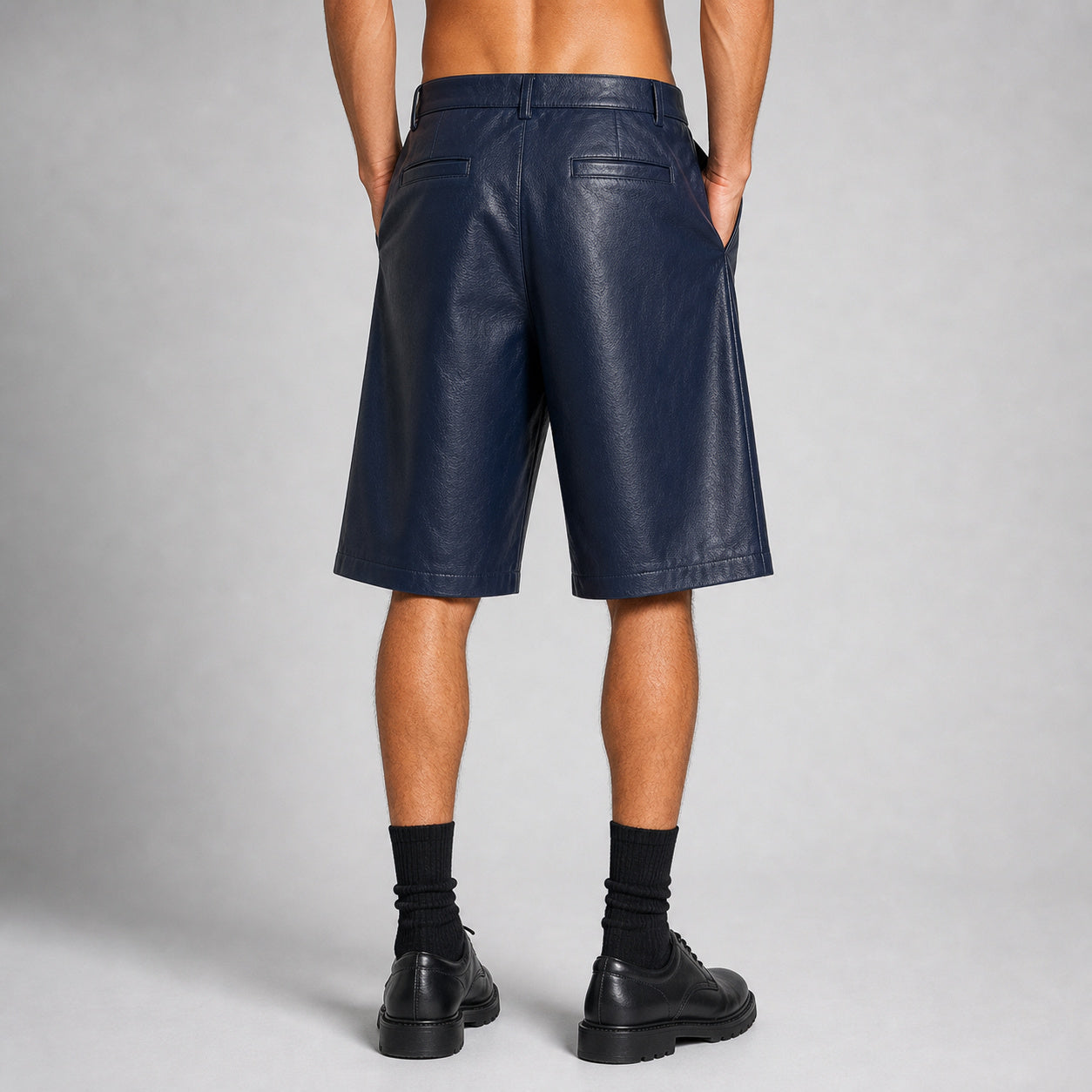 Men's Navy Blue Leather Double-Pleat Shorts – TheBougees