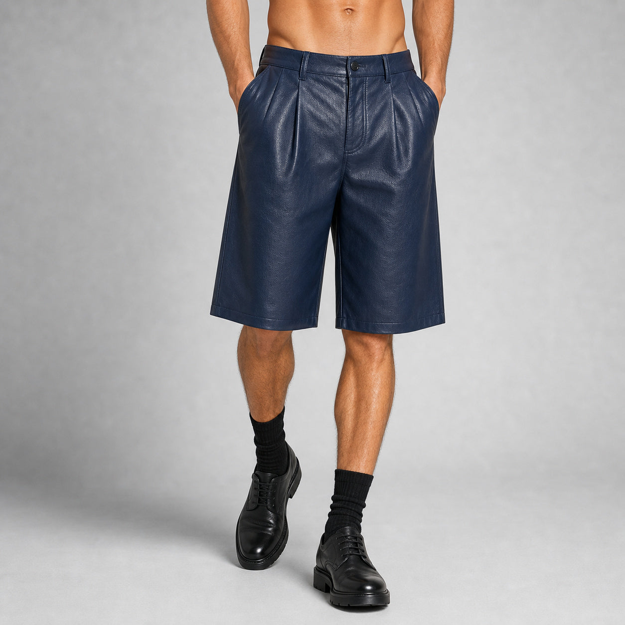 men's navy leather pleated shorts MLS 810039 28