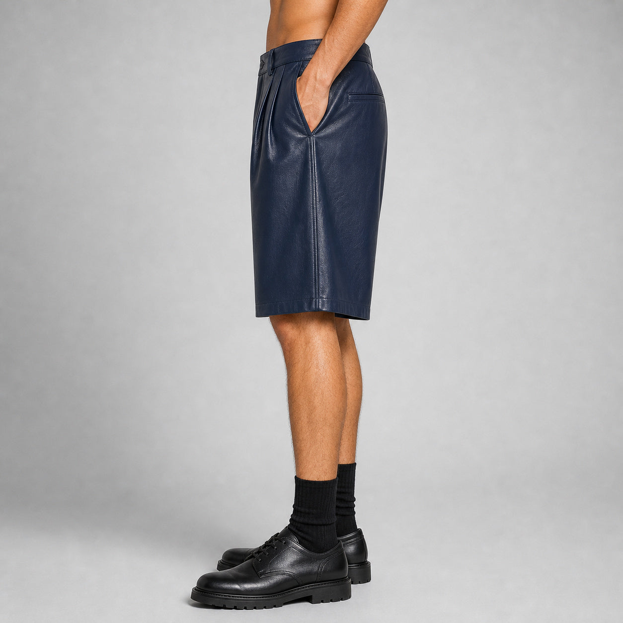 men's navy leather pleated shorts MLS 810039 28
