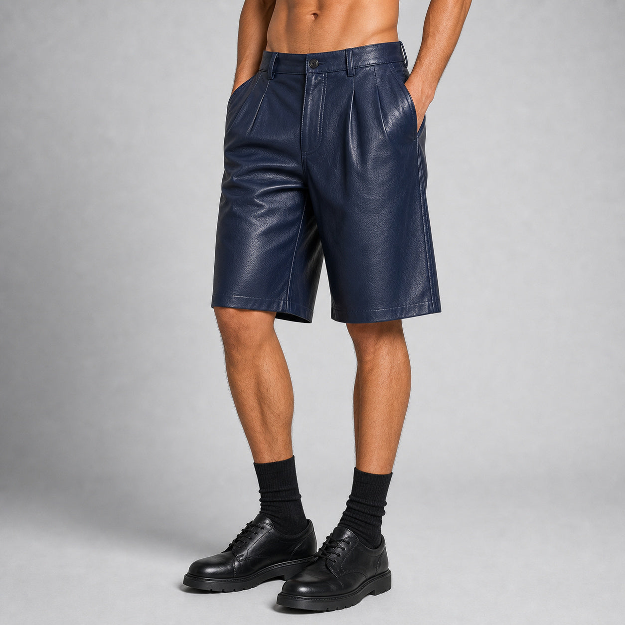 Men's Navy Blue Leather Double-Pleat Shorts – TheBougees