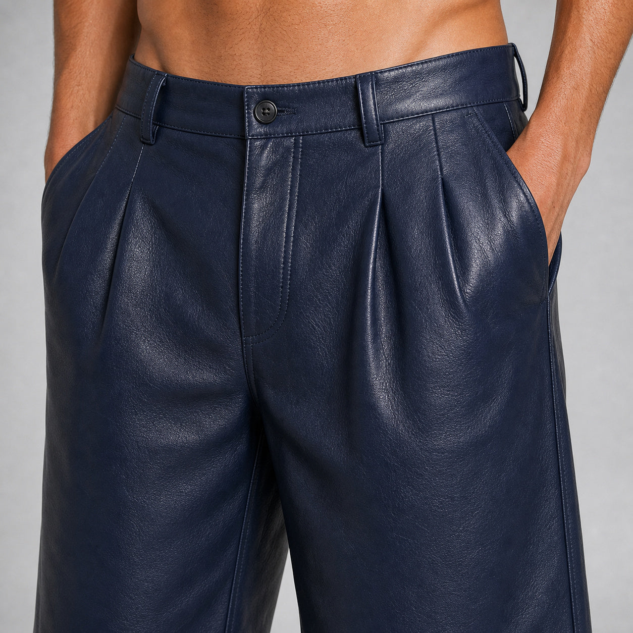 men's navy leather pleated shorts MLS 810039 28