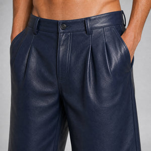 men's navy leather pleated shorts MLS 810039 28