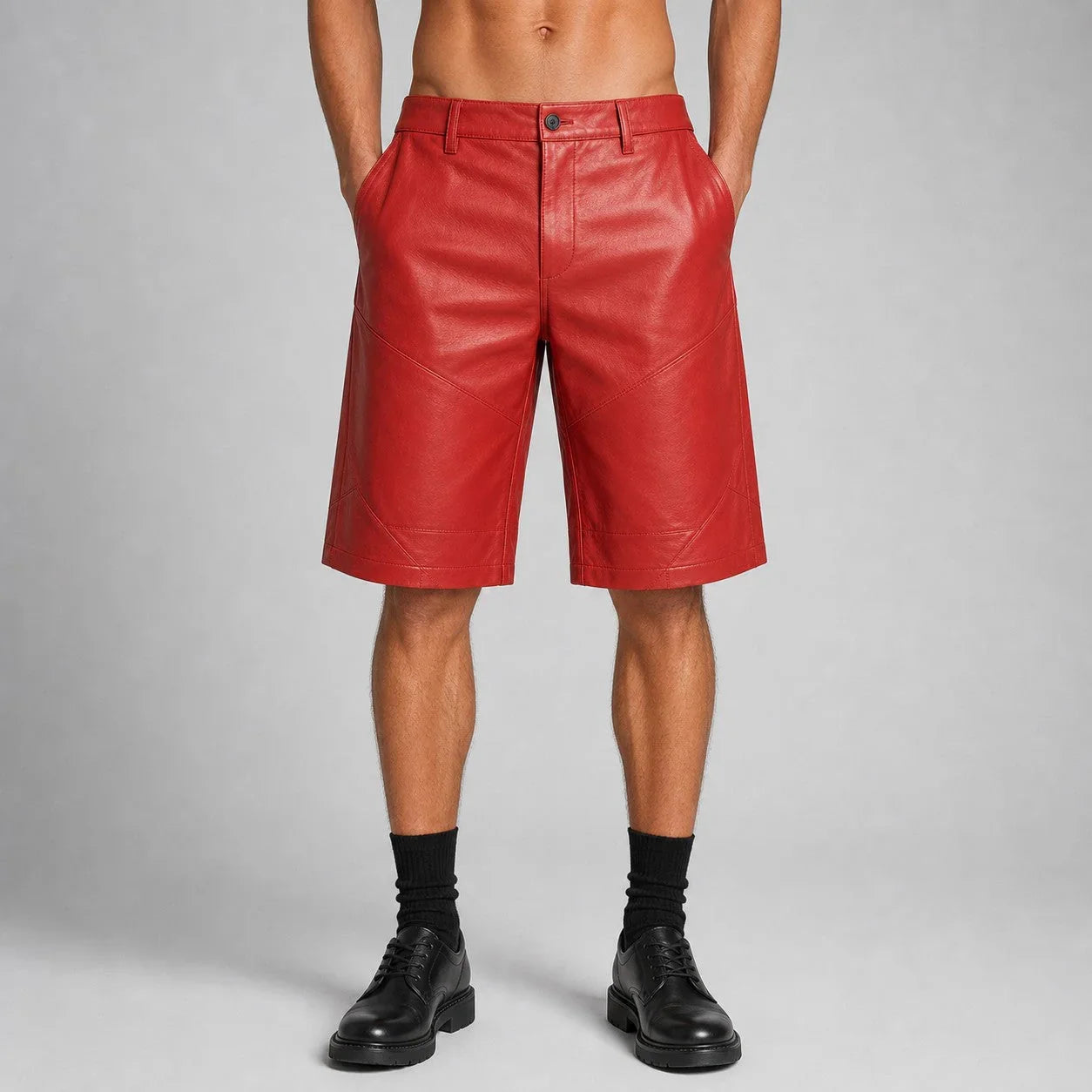 men's red leather moto shorts