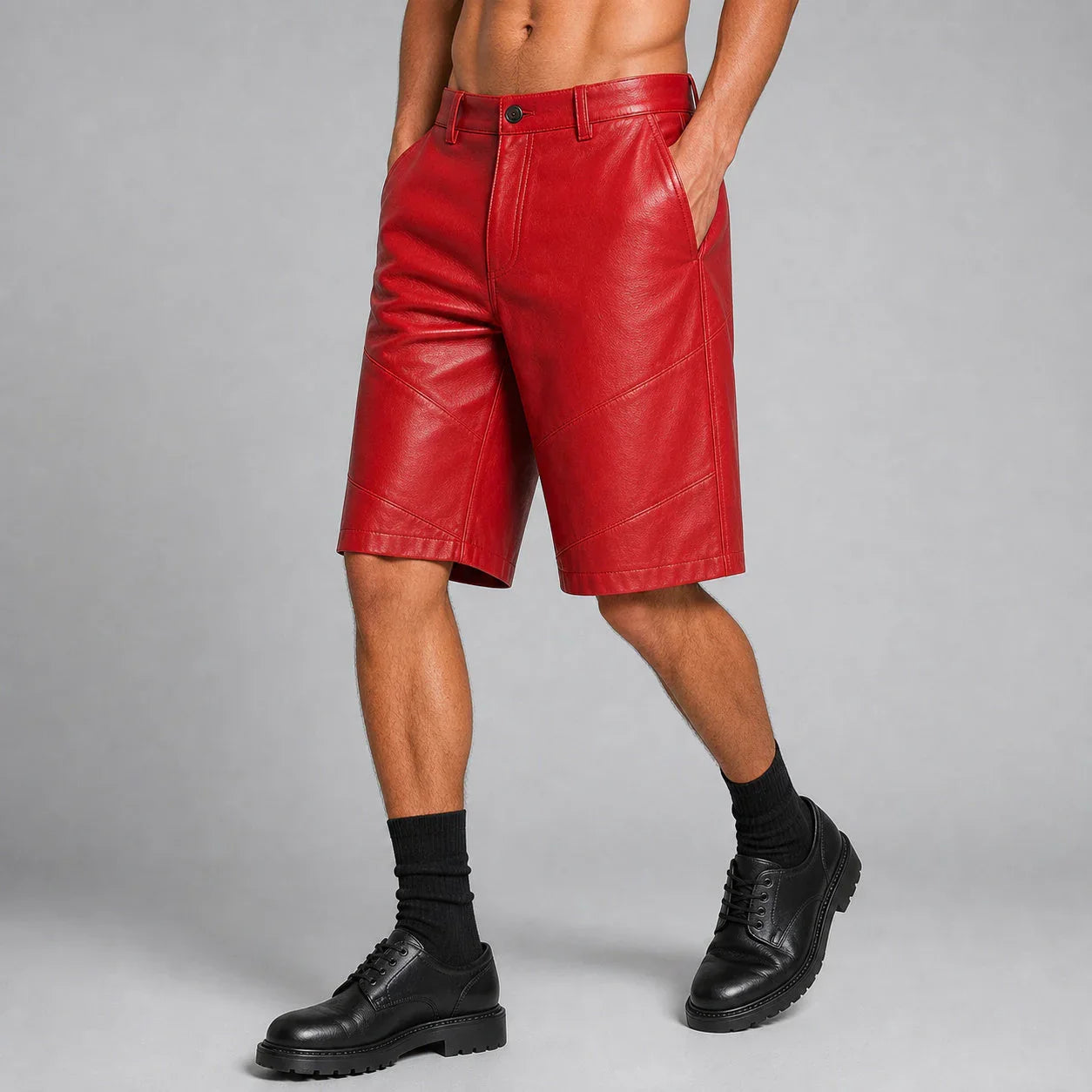 men's red leather moto shorts MLS 810045 28