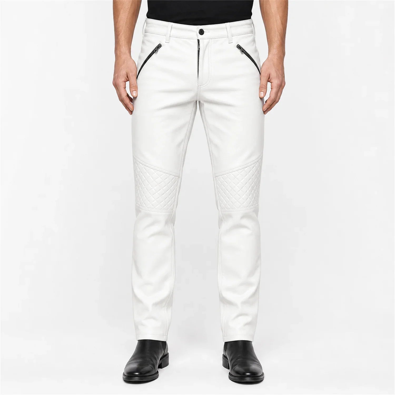 mens white leather biker pants