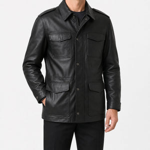Mens Black Leather Field Jacket