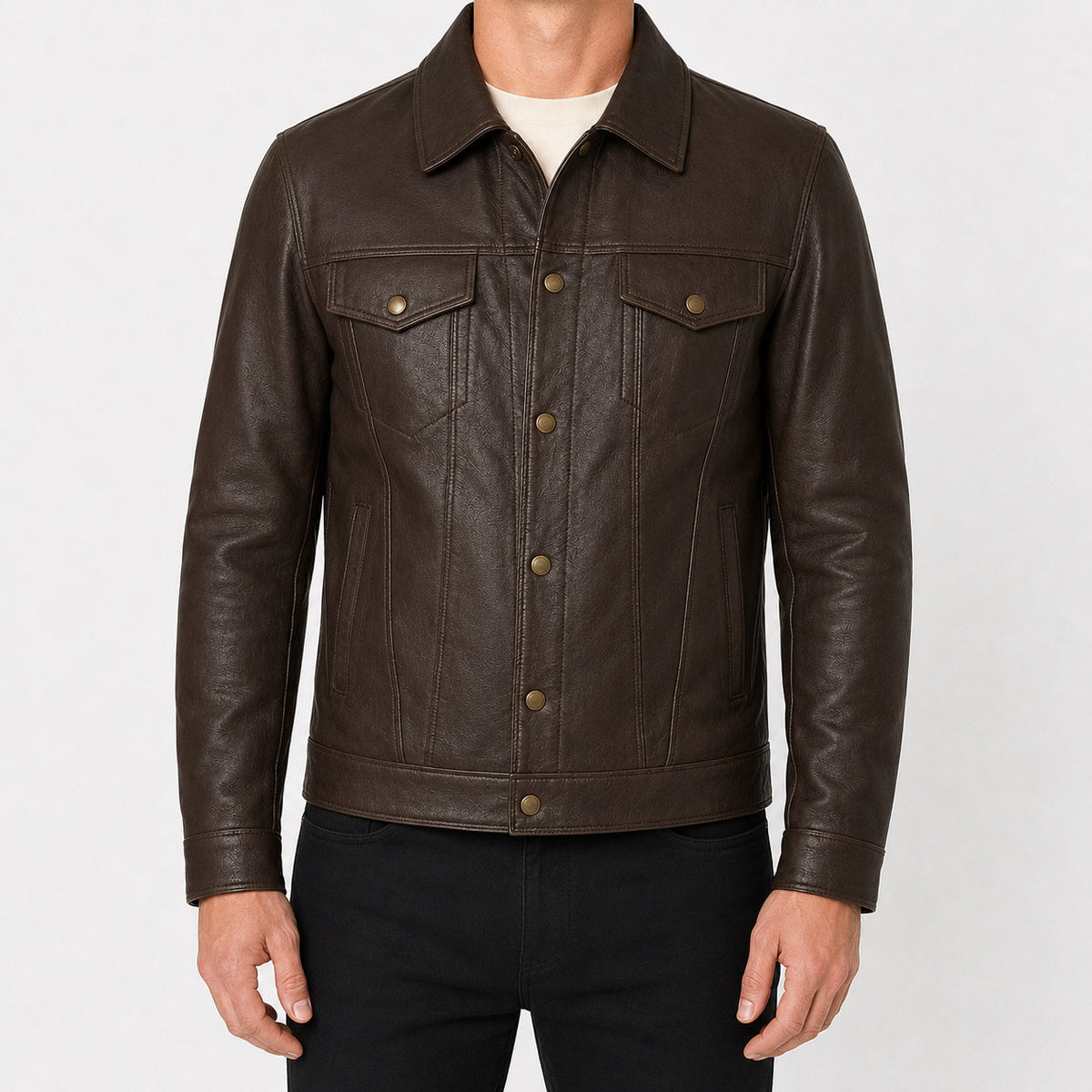 Mens Brown Leather Trucker Jacket MLJ 6002 2XS