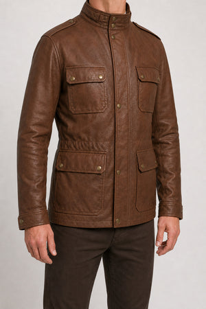 mens brown leather safari jacket