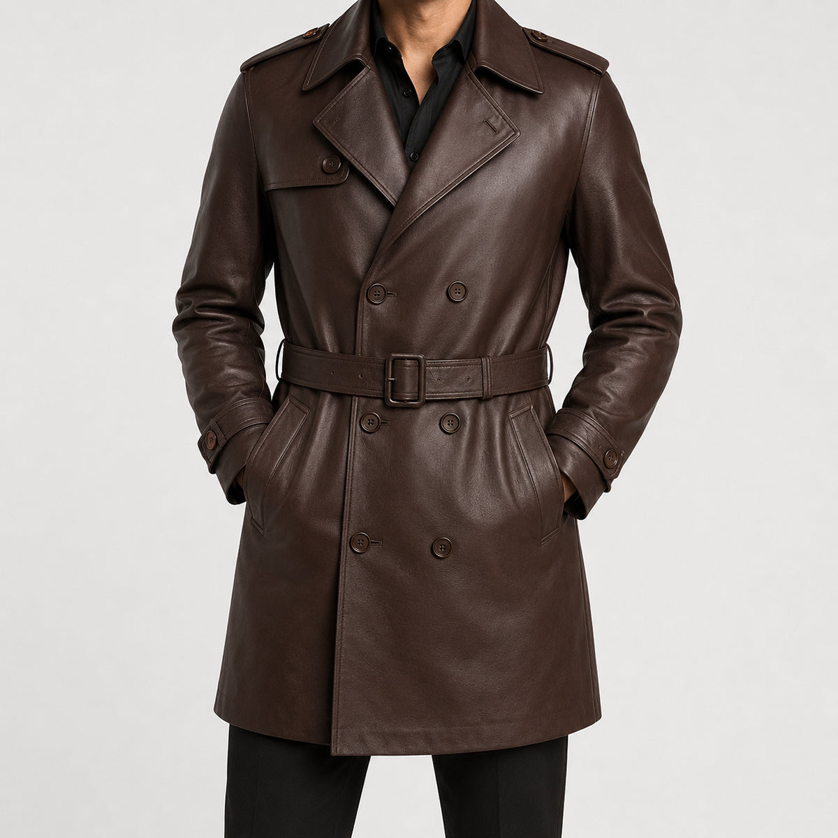 mens chocolate brown leather trench jacket