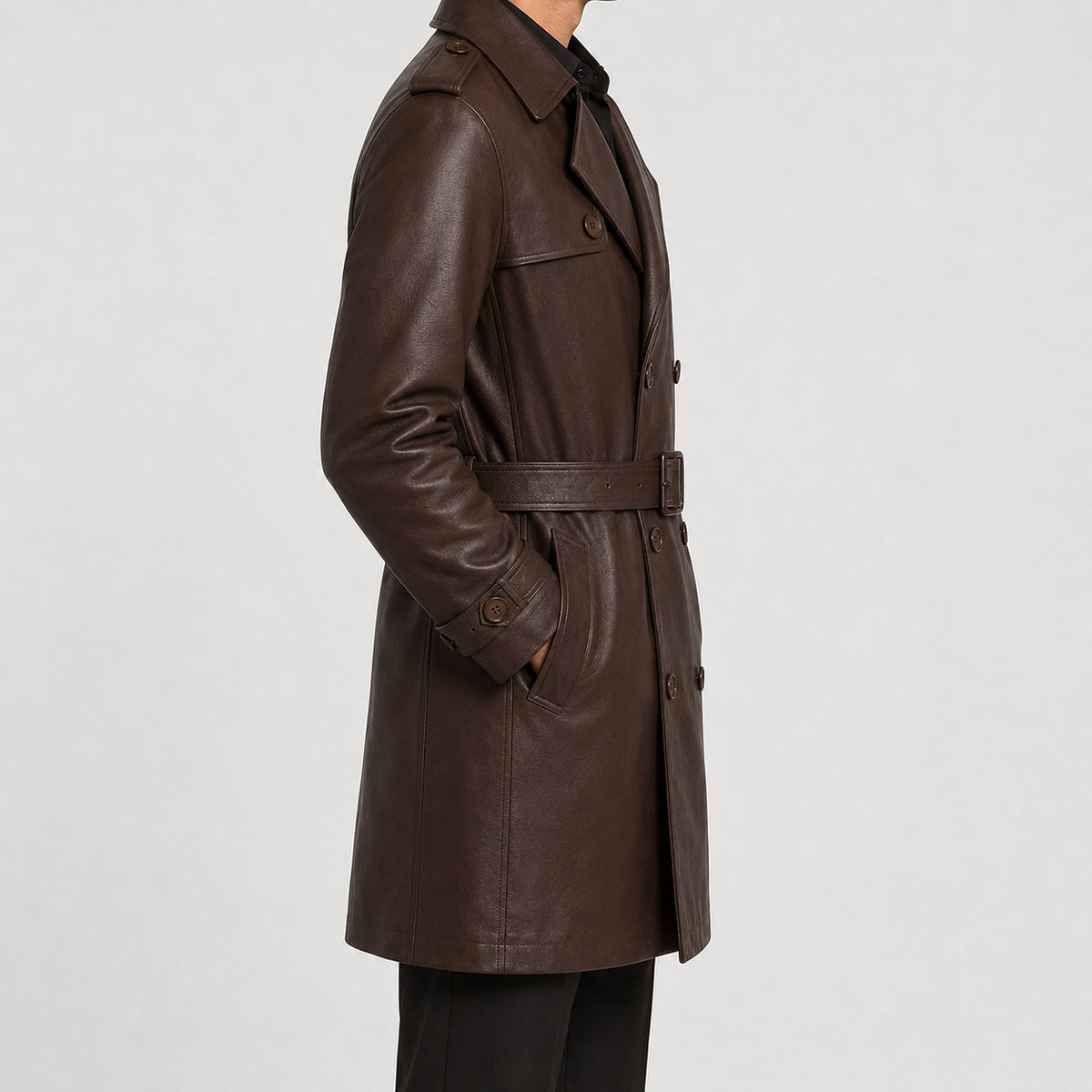 mens chocolate brown leather trench jacket MLJ 6019 2XS