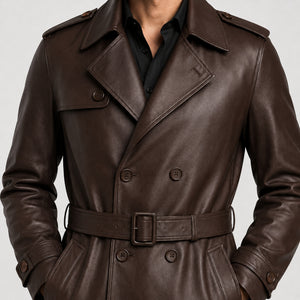 mens chocolate brown leather trench jacket MLJ 6019 2XS