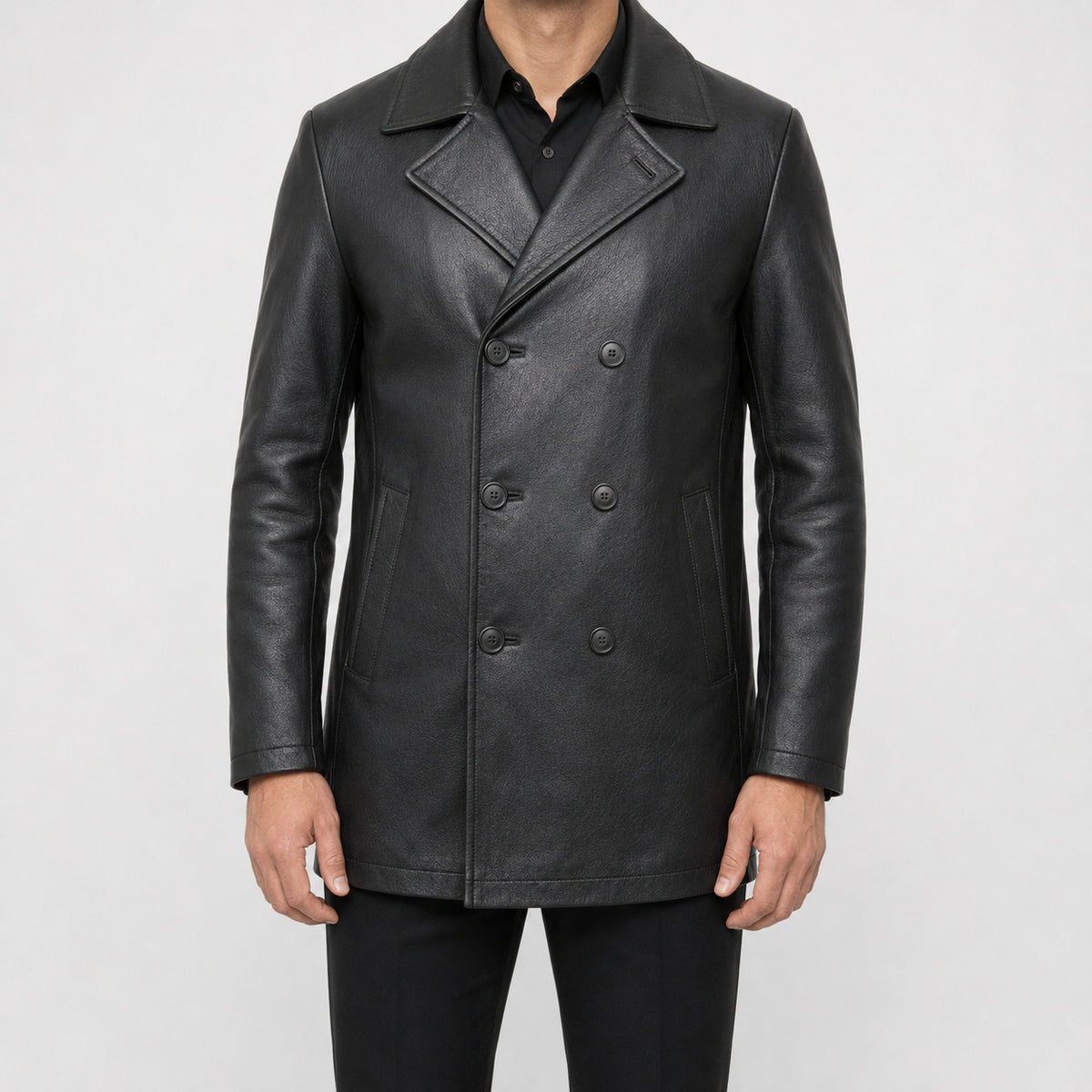 mens black leather peacoat