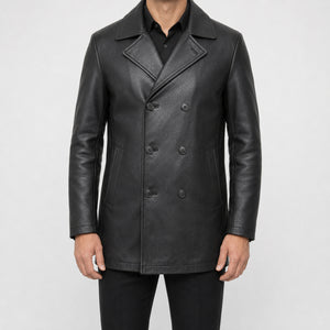 mens black leather peacoat